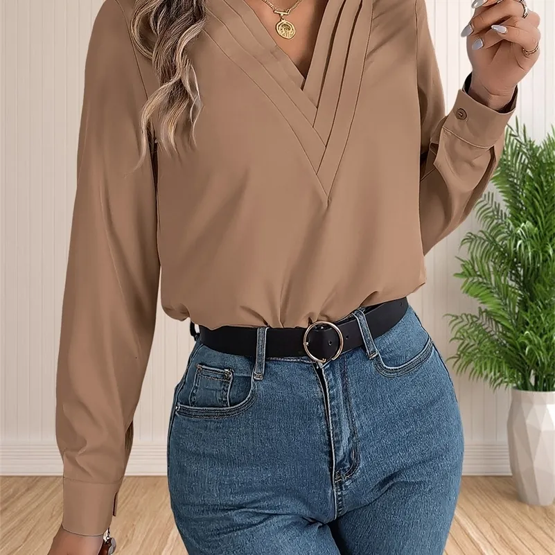 Blusa De Capas De Manga Larga Para Mujeres Con Cuello En V