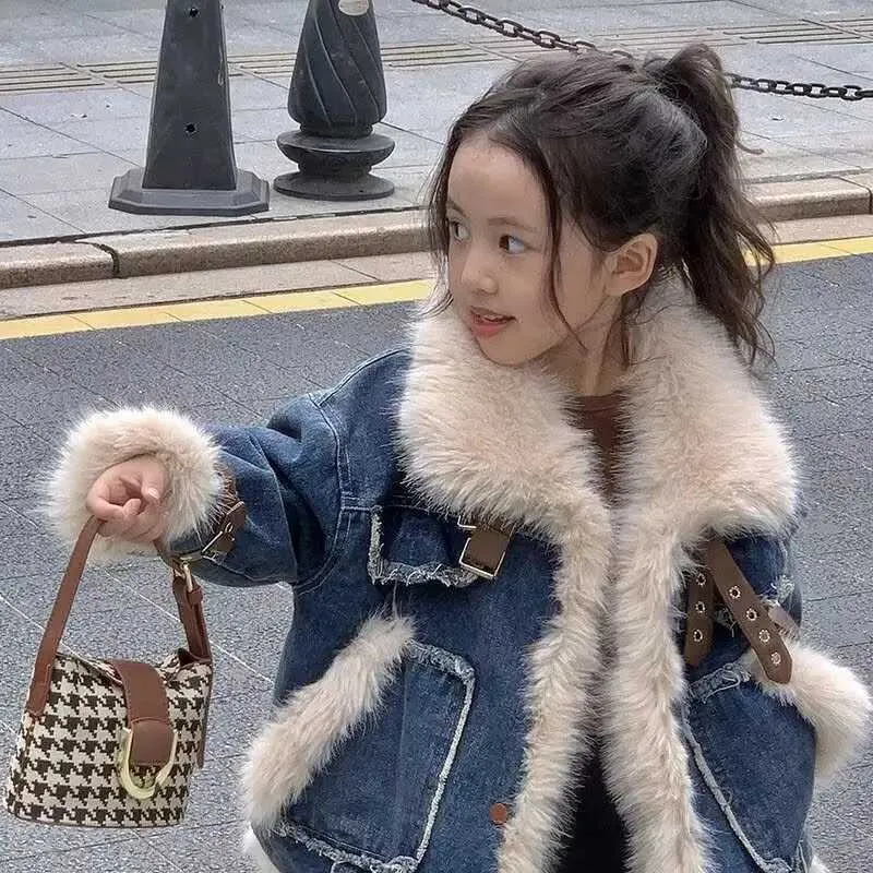 Childrens Denim Parka With Fur Collar Warm Winter Down Coat For