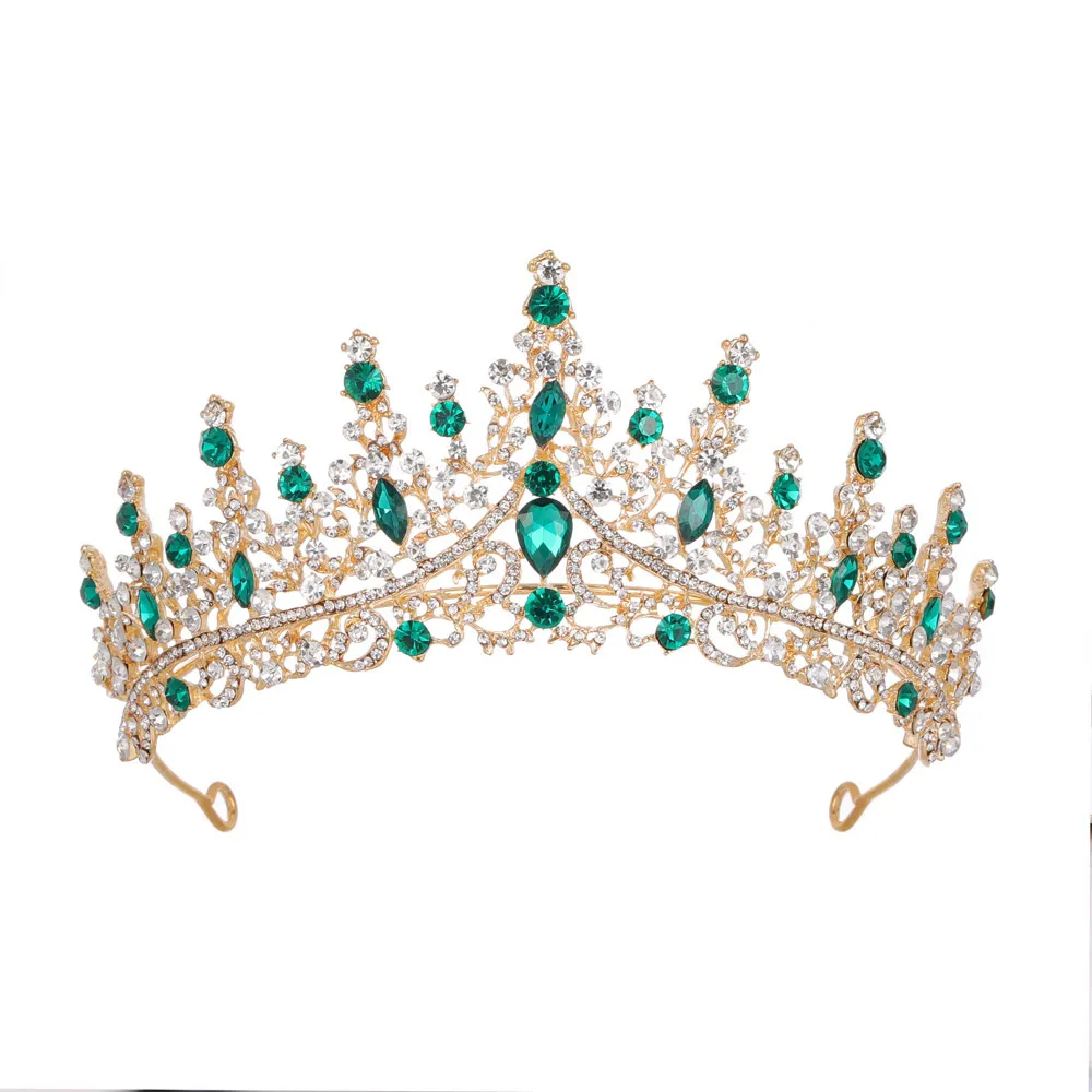Emerald Gold Tiara Royal Wedding Bride Bridal Pageant Crown Rhinestone Birthday Green Crystal Pageant Crown: Victorian Gold Princess Tiara  main image 2