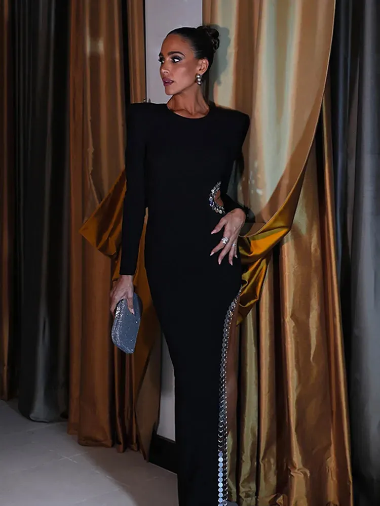 Fashion Round Neck Sequin Shoulder Pad Black Long Dress Sexy High Slit  Hollow Out Women's Dresses Evening Party Prom Robes 241204 from Dhgate  Basic & Casual Dresses - price 82.35