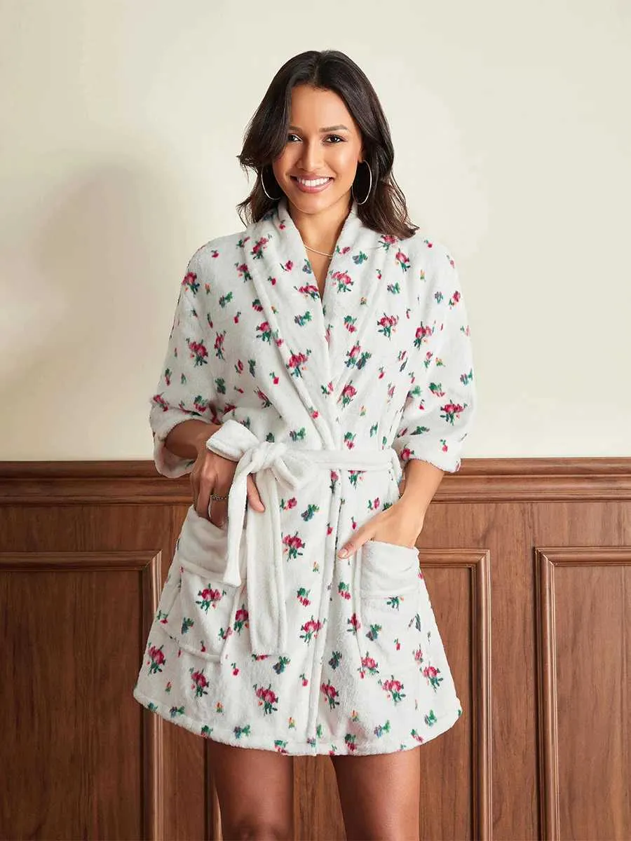 Cute Patterned Robe Fluffy Plush Robe with Cherry Print - Cute Kimono Spa Robe with Belt ...