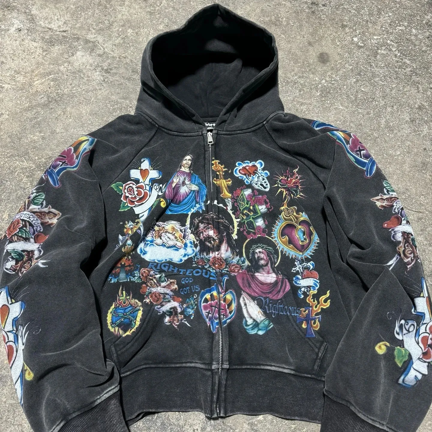 Y2K Retro Black Risen King Cropped Zip Up Tapestry Hoodie