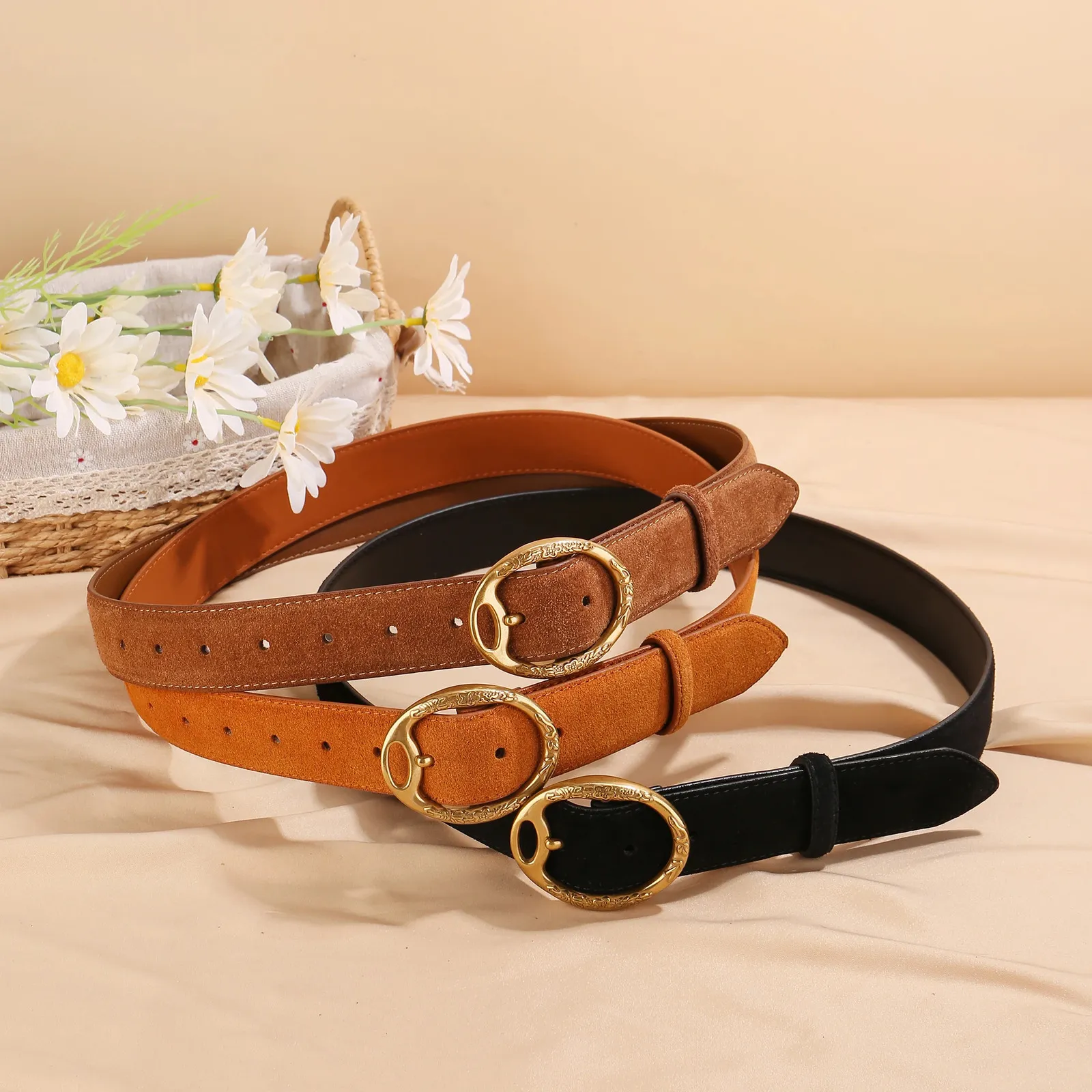 Womens Leather Belt Black Suede Cowhide With... From Datai  display picture 2