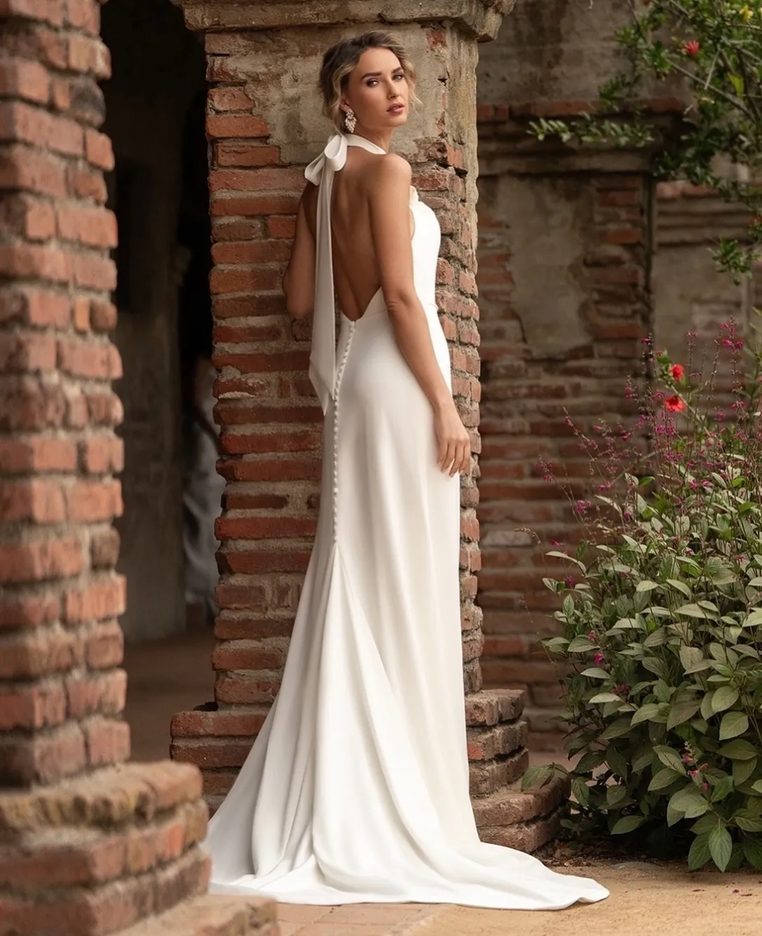 slim fit dress slacks Luxury Trumpet Ruffle Wedding Dress with Halter Keyhole Neckline & Det –  Rosymae main image 1