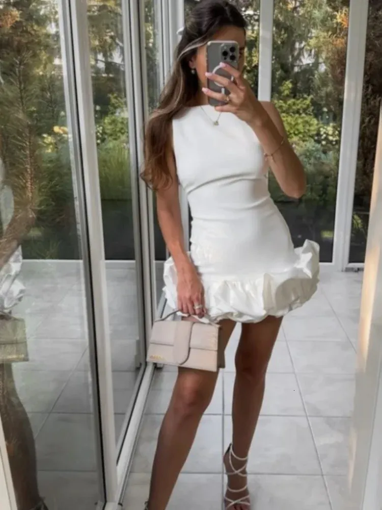 Chic White Pleated Ruffled Mini White Ruffle Dress for Women - Slim Fit Round Neck Sleeveless Short White Ruffle Dress Perfect for Club Parties and