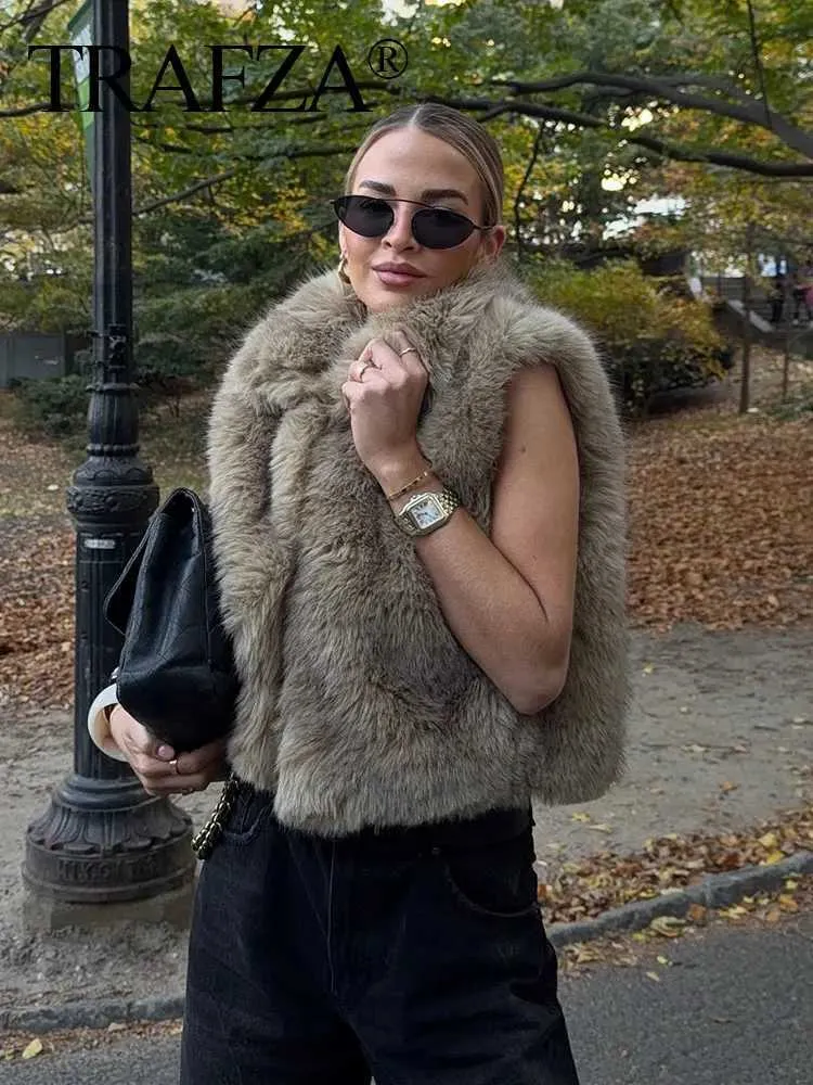 TRAFZA Winter Acetate Fox Fur Vest for Women with Full Opening