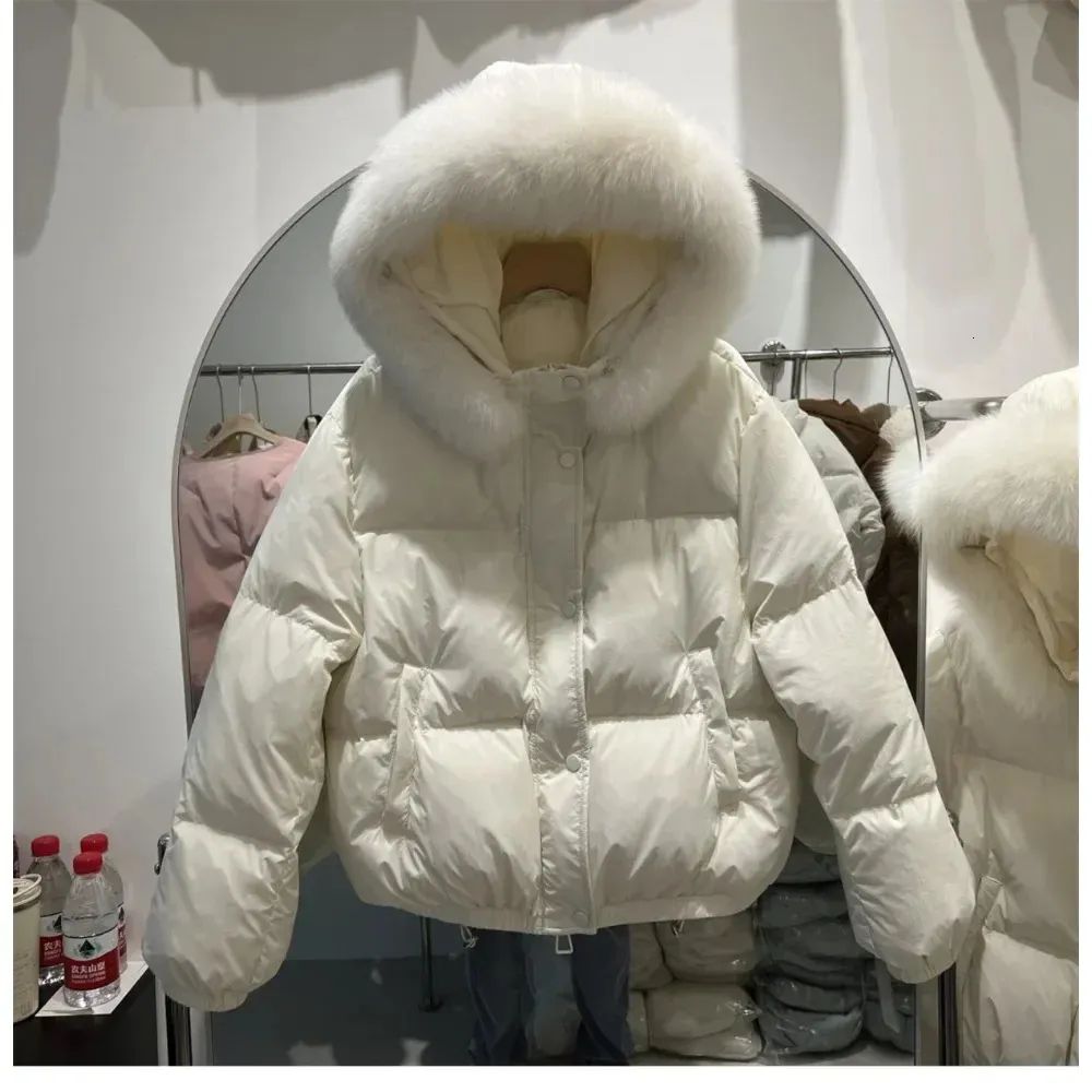 Real Big Fur Collar Hooded Fur Coat Inflatable Jacket Fashionable