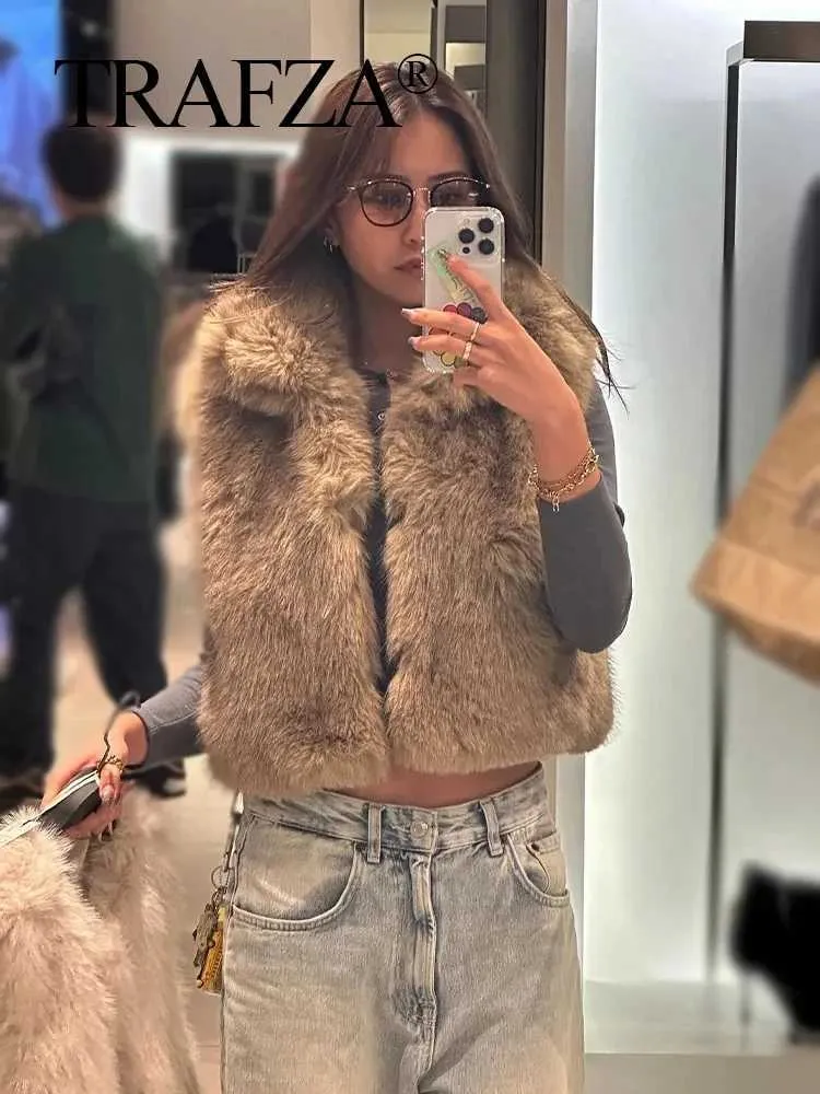 TRAFZA Winter Acetate Fox Fur Vest for Women with Full Opening