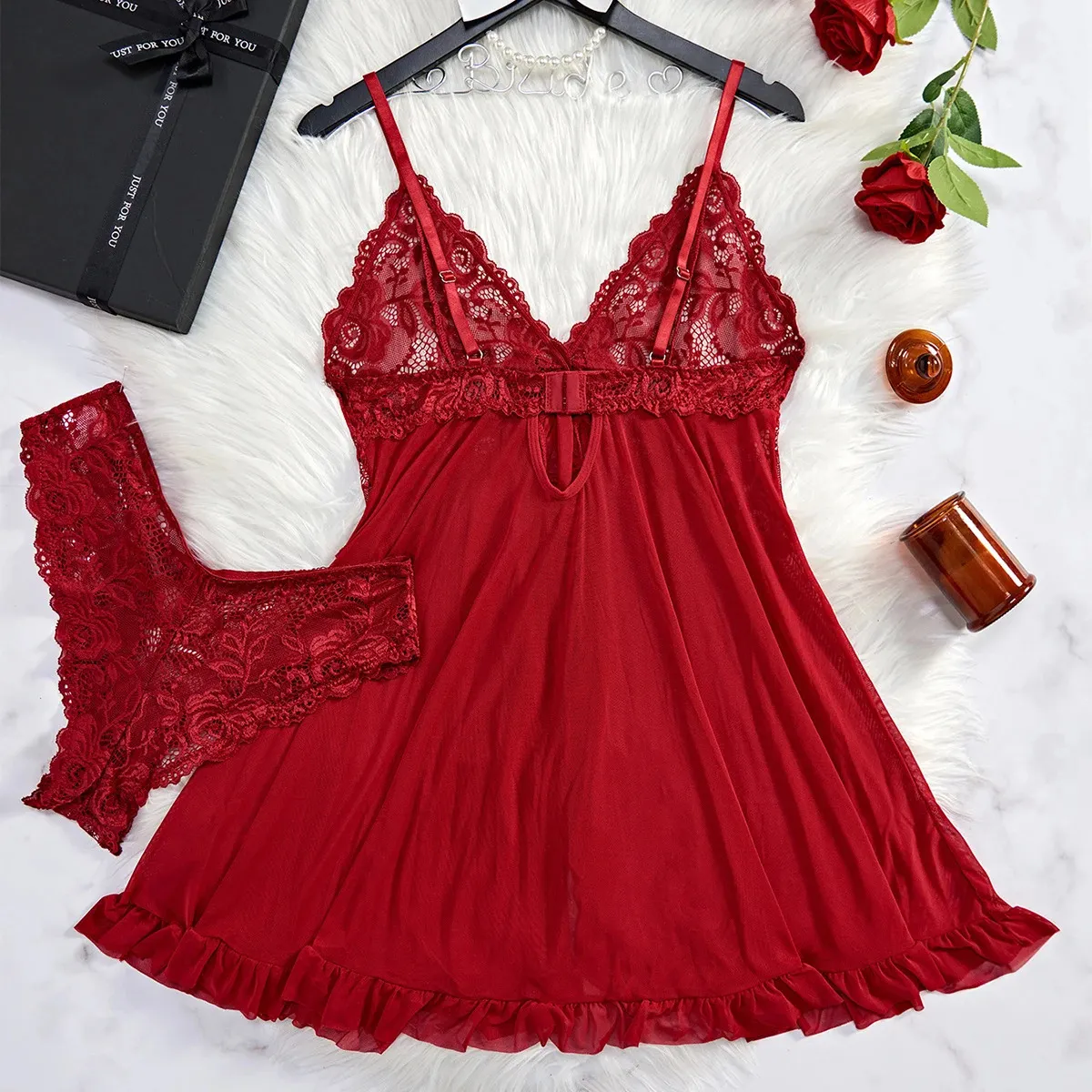 Red Lace Lace trim nightdress and Panty Set - Transparent, Sexy, See-Through Sleepwear for Women (241204)
