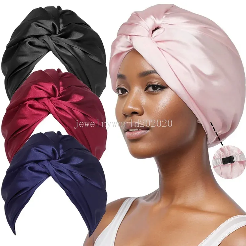 Nuovo berretto da notte in raso per donna Solido fascia larga Stretch Head Tie Cofano setoso Bordo avvolgente Berretto da notte Cura dei capelli Copricapo da doccia