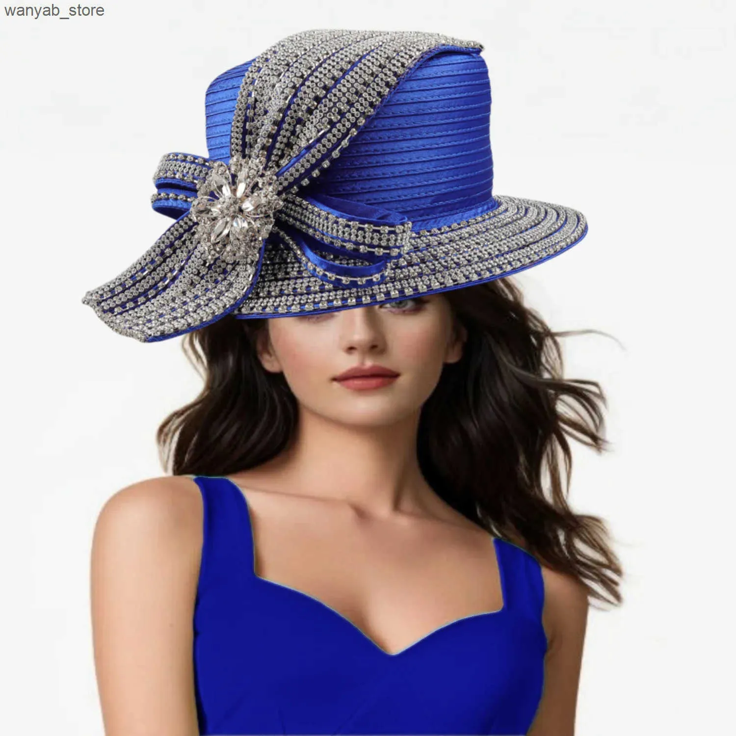 Satin Fabric Church Hat with Rhinestones - Formal Wedding 