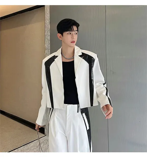 IEFB Mens Korean Style Two Piece Suit PU Leather Splicing Jacket