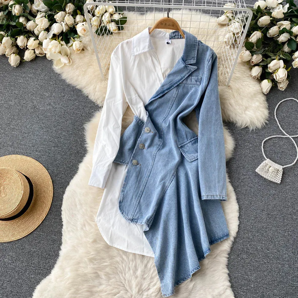 fitted lace wedding dress Women Vintage Plus Size Long Sleeved Denim Dress– FantasyLinen main image 0
