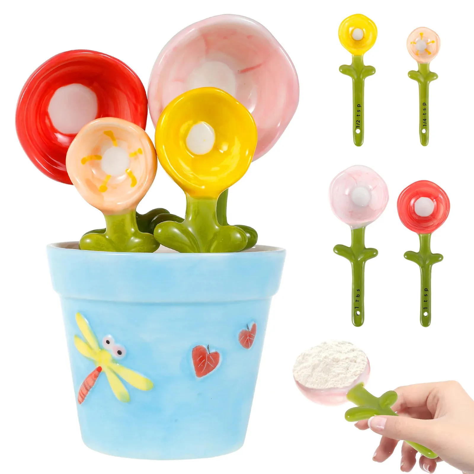 4 Flower Pots Cute Ceramic Measuring Spoons Set With... 