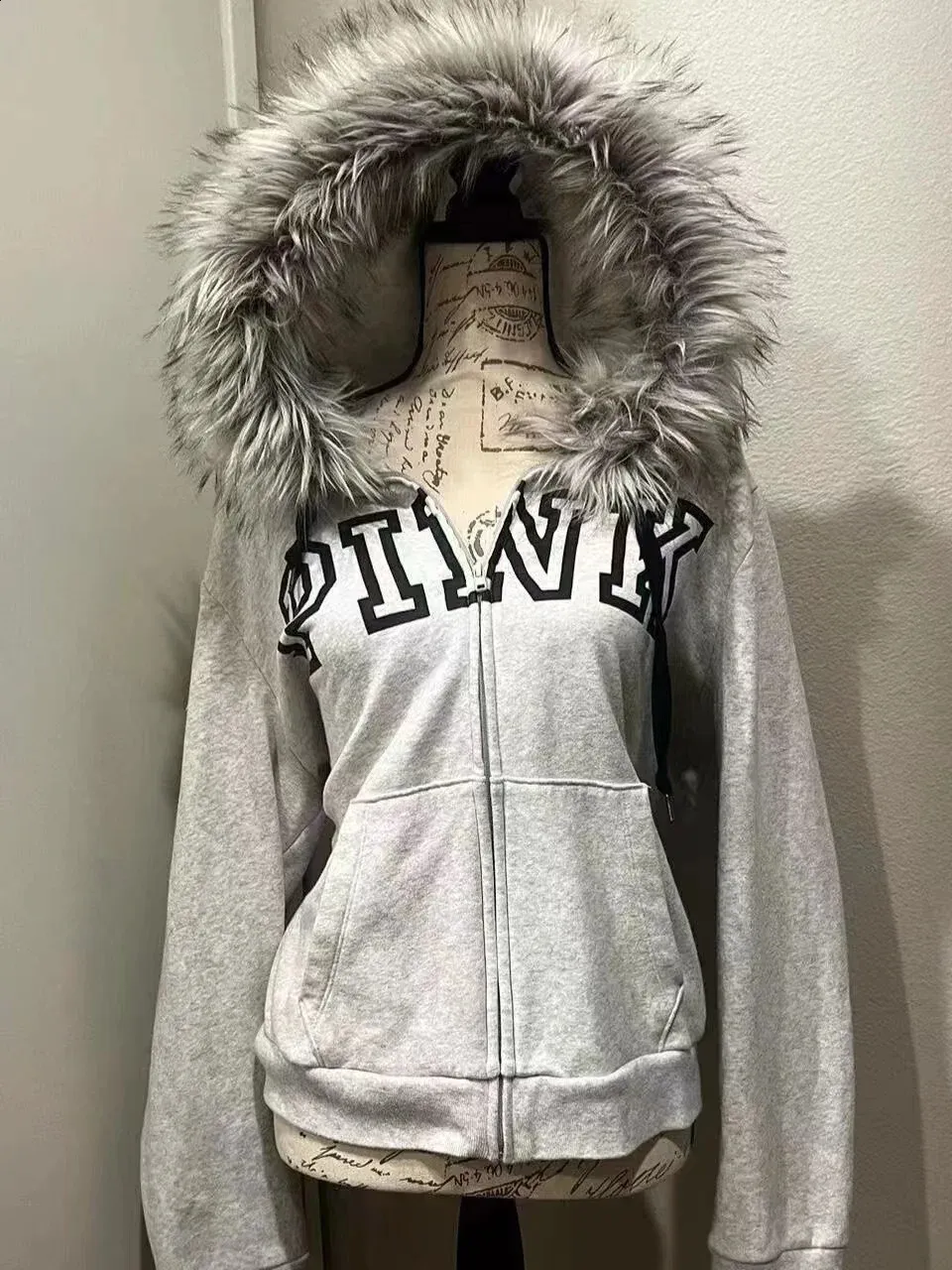 Women's Y2K Acetate Fur Collar Hooded Hoodie, Full Zip, Slim Fit