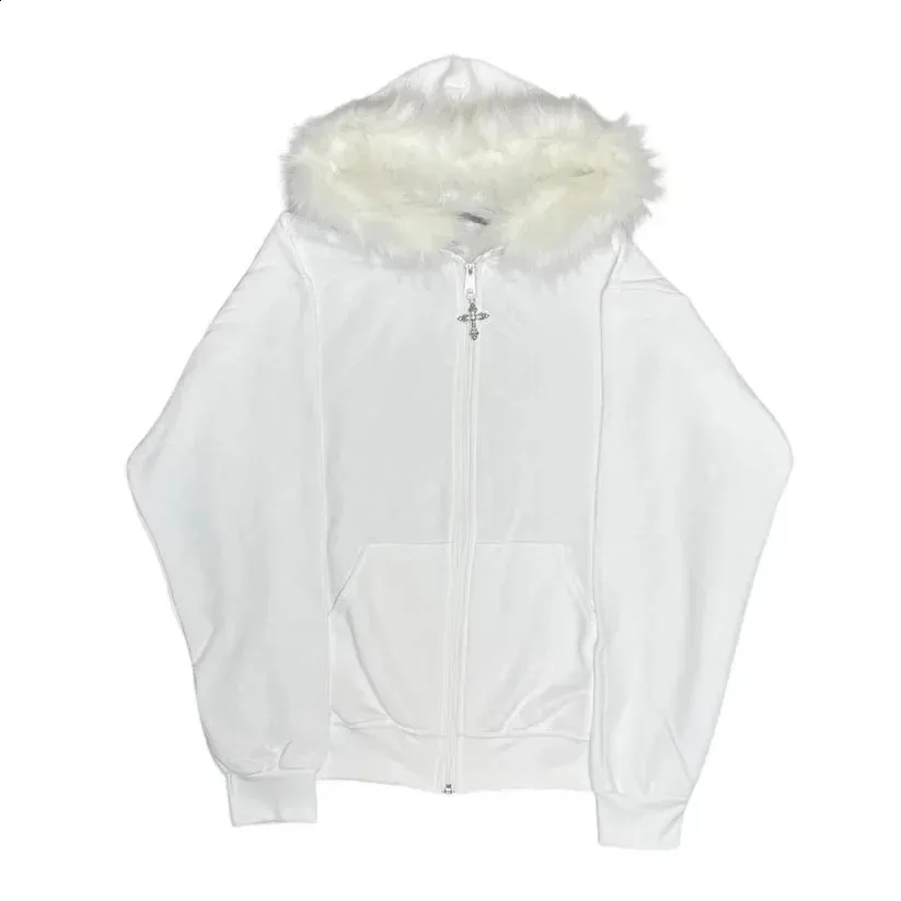 Women's Y2K Acetate Fur Collar Hooded Hoodie, Full Zip, Slim Fit