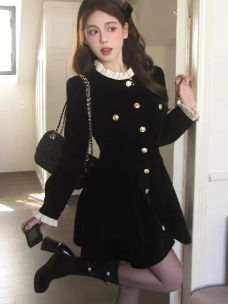 black velvet dress gold buttons Command the Room Black Velvet Scalloped Button Front Mini Dress