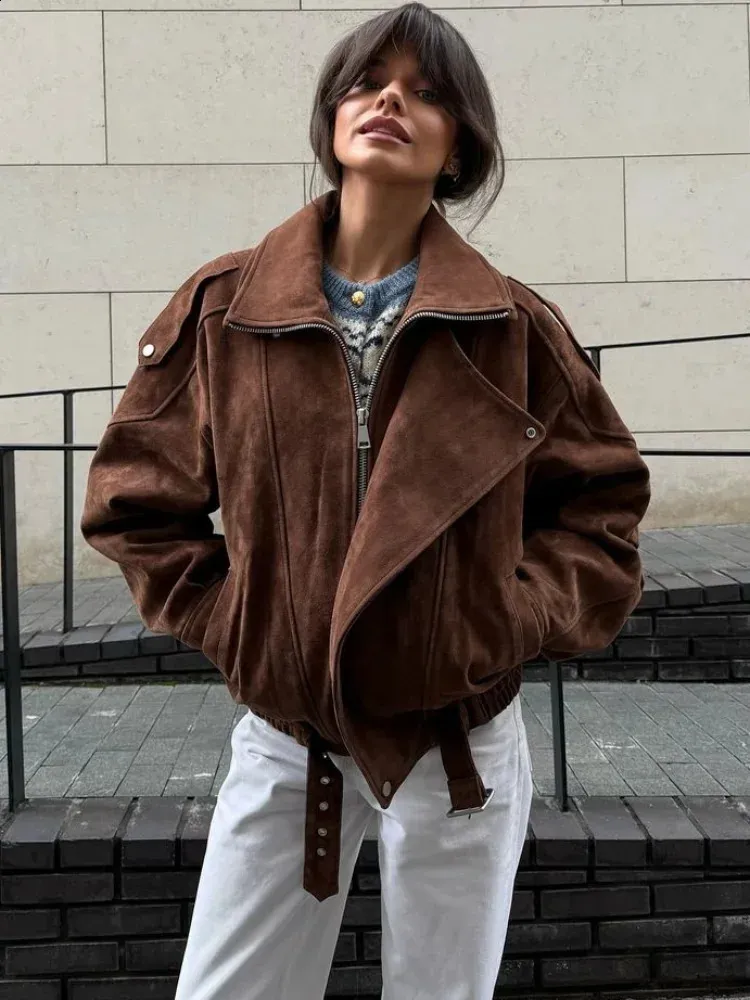 Brown Suede Leather Jacket Short Suede Jacket Women Fashion Brown
