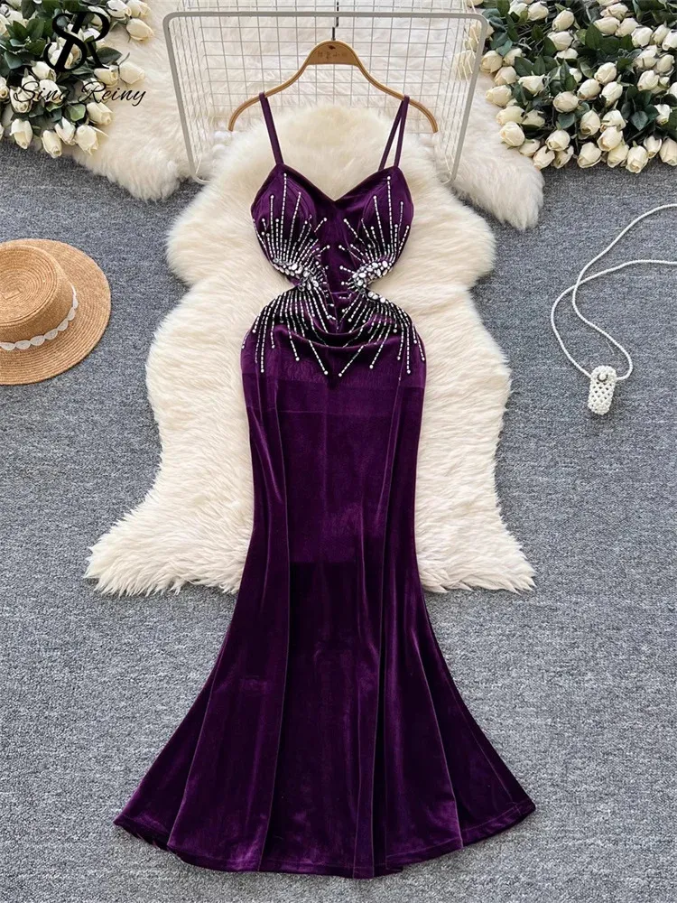 Singrain Premium Evening Gown - Strapless Diamond, Elegant and Fashionable Velvet Velvet maxi dress with spaghetti Strap and Long Skirt for Women (