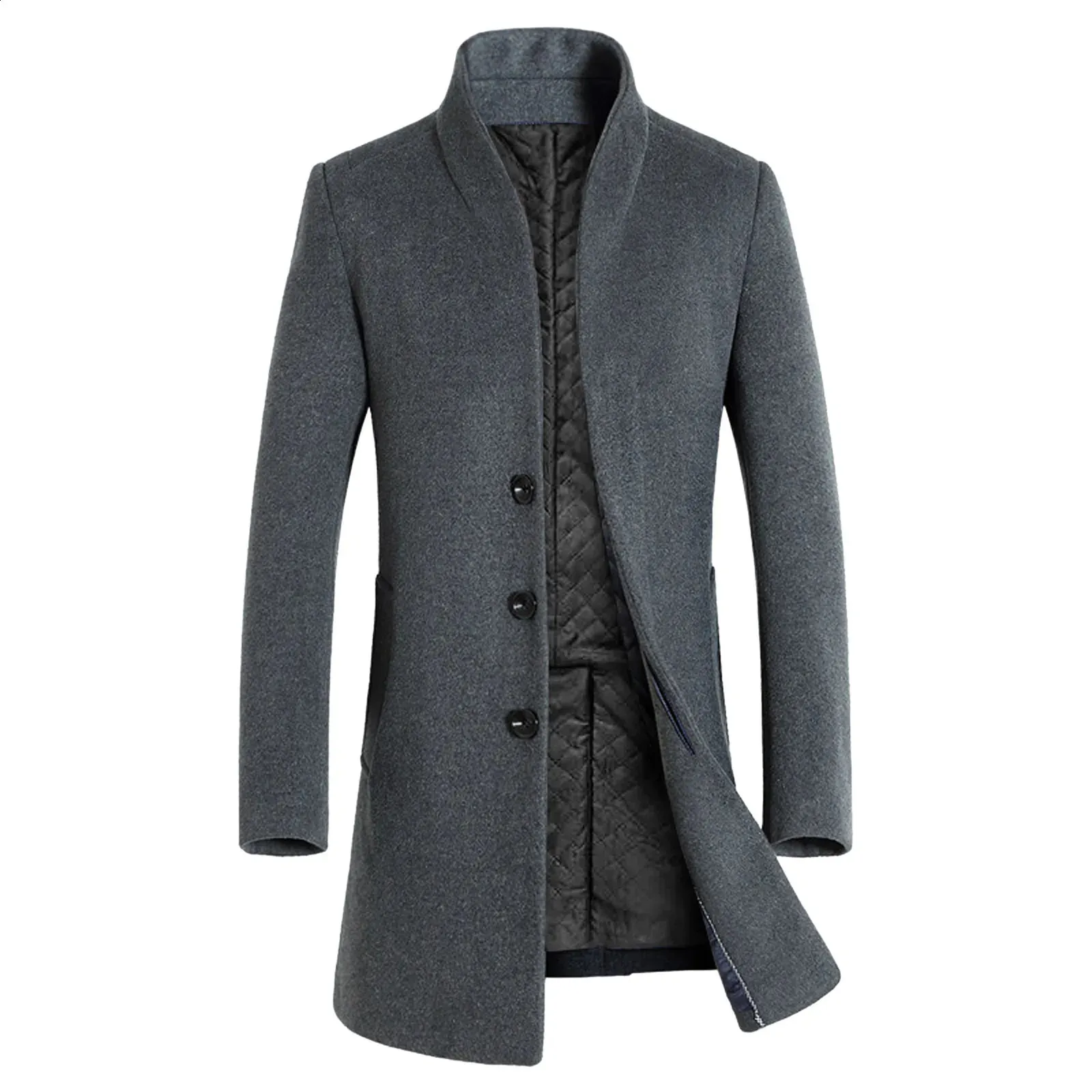 Mens Stand Collar Long Trench Coat - Single Breasted, Casual