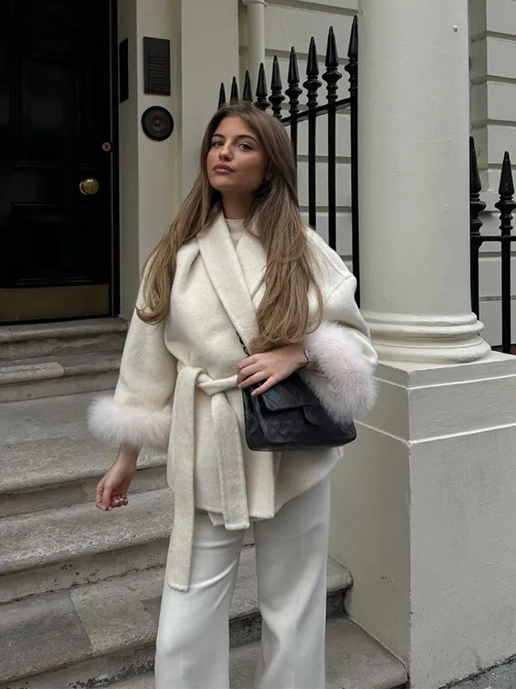 100% Wool Belted Coat with Fur Cuffs - Off White