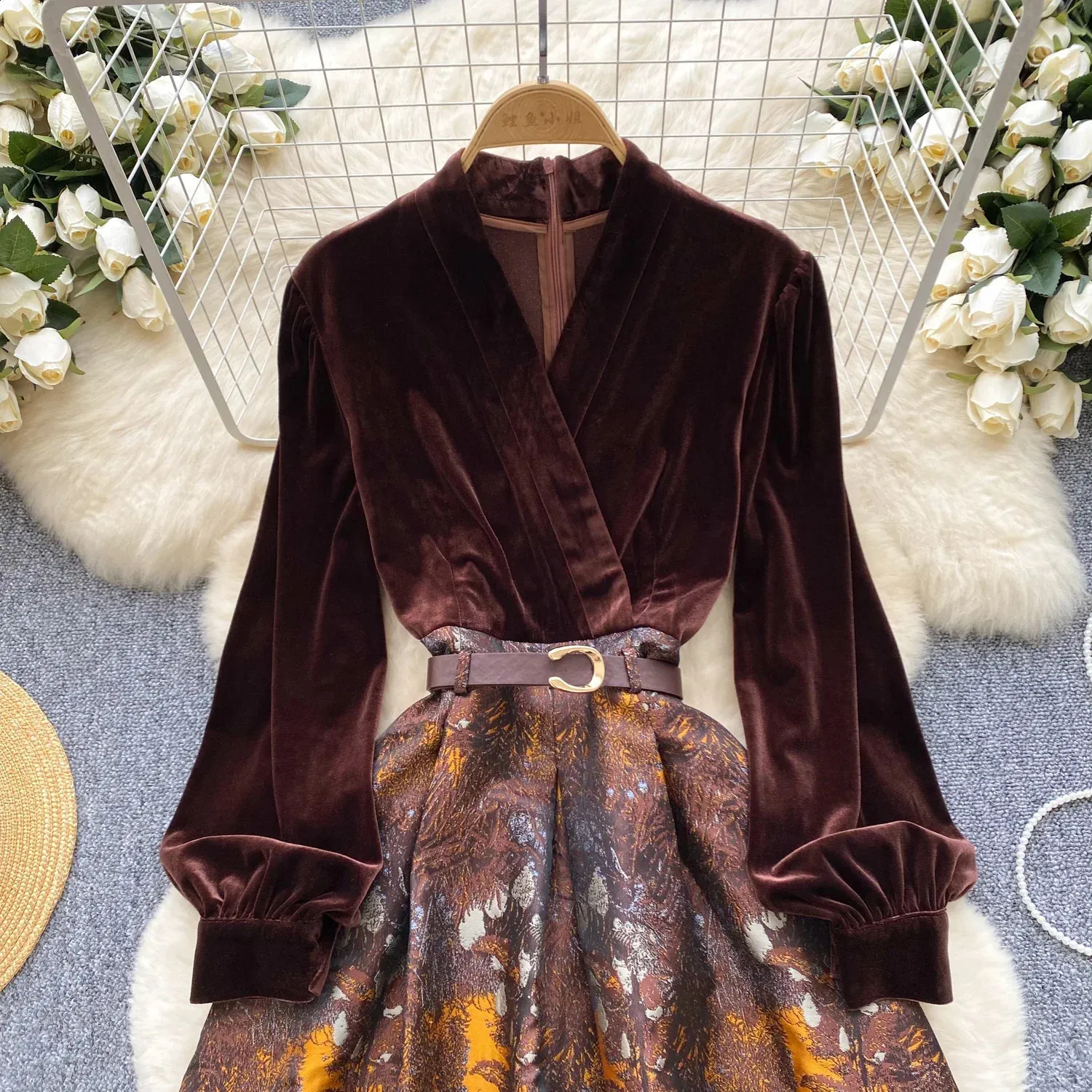 French retro floor-length pullover chiffon velvet dress with jacquard  pattern for women autumn evening party from Dhgate Basic & Casual Dresses -  price 88.38