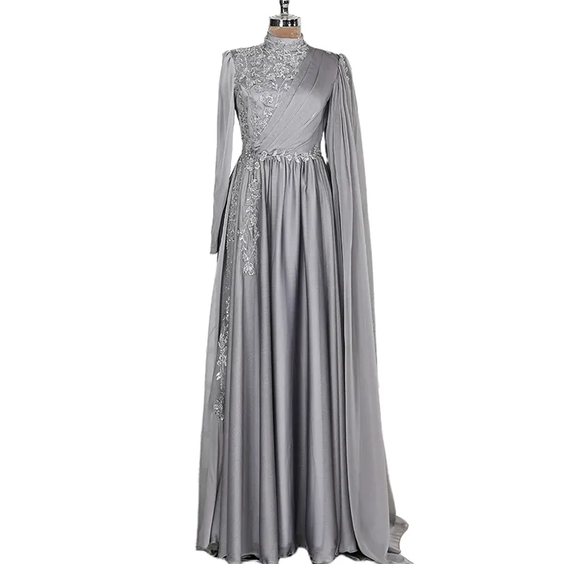 Light Gray Arabic Muslim islamic evening dresses with Lace Appliques and Pleats - Elegant A-Line Formal Gown for Women, Floor Length Satin Prom Dress Light Gray Arabic Muslim islamic evening dresses with Lace Appliques and Pleats - Elegant A-Line Formal Gown for Women, Floor Length Satin Prom Dress