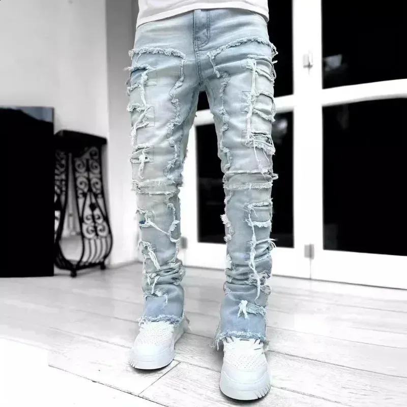 Mens Ripped Jeans Stacked Slim Fit: Distressed Denim Jeans with Patches,  Ultra-Thin Streetwear Trousers