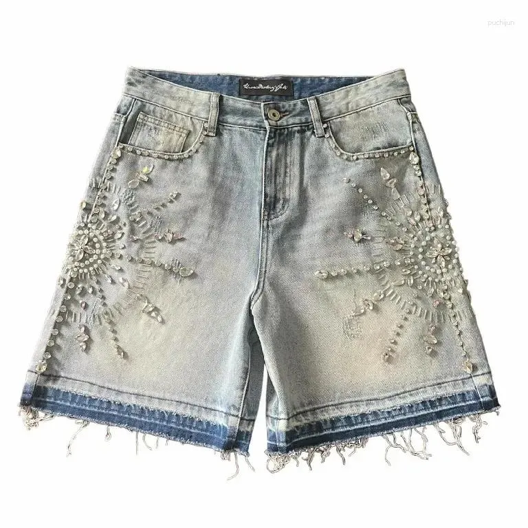 Baggy Denim Shorts Womens Rhinestone Sequin Retro Blue High
