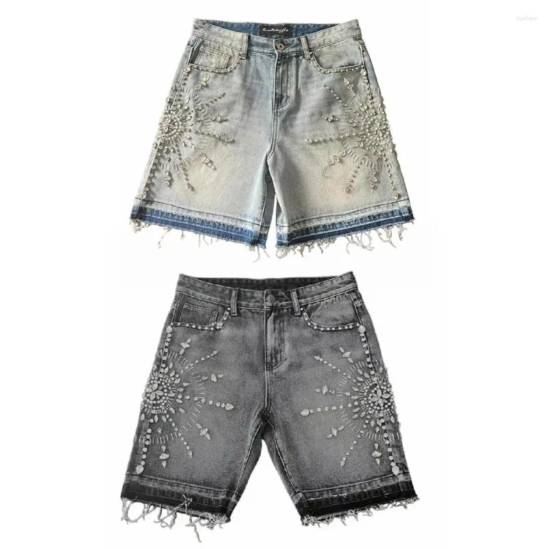 Baggy Denim Shorts Womens Rhinestone Sequin Retro Blue High