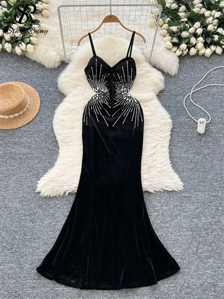 Singrain Premium Evening Gown - Strapless Diamond, Elegant and Fashionable Velvet Velvet Maxi Dress with Spaghetti Strap and Long Skirt for Women (