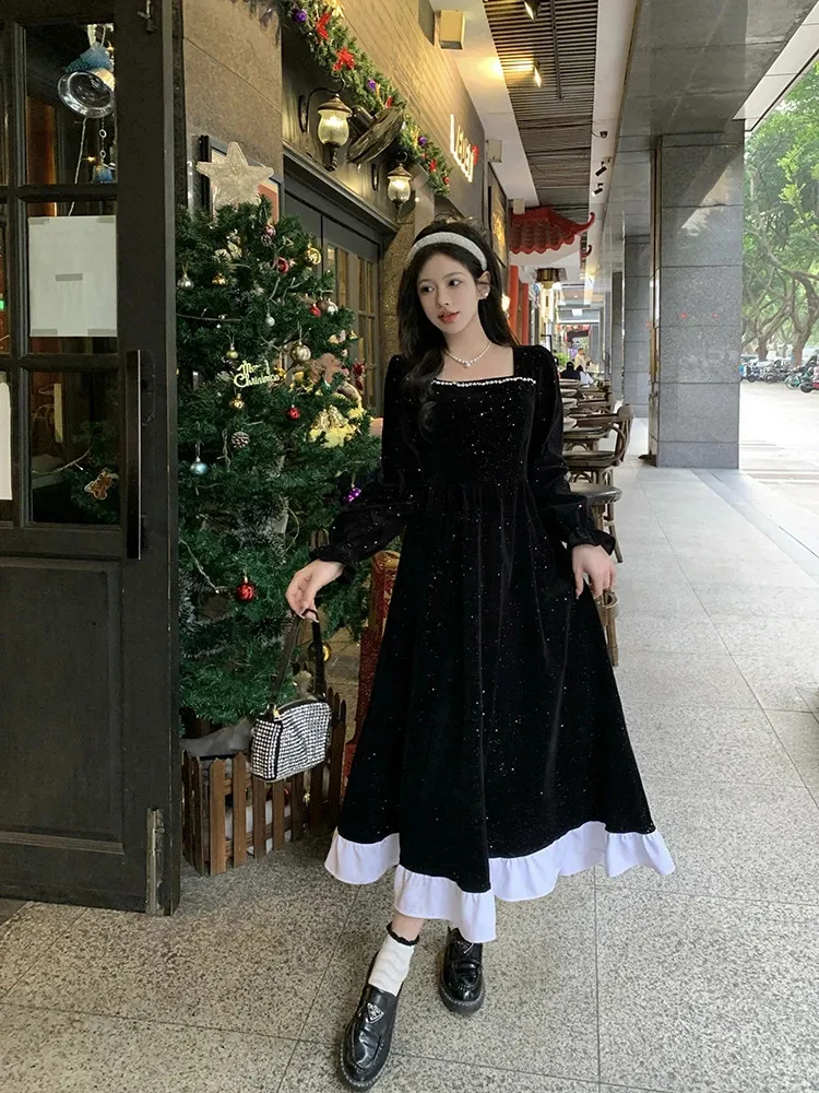 black velvet christmas dress Holiday Velvet Dress for Women Velvet Long Sleeves Midi Dress Black Formal Dress Vintage Formal Dress Bridesmaid Dresses Plus Size Dress R19