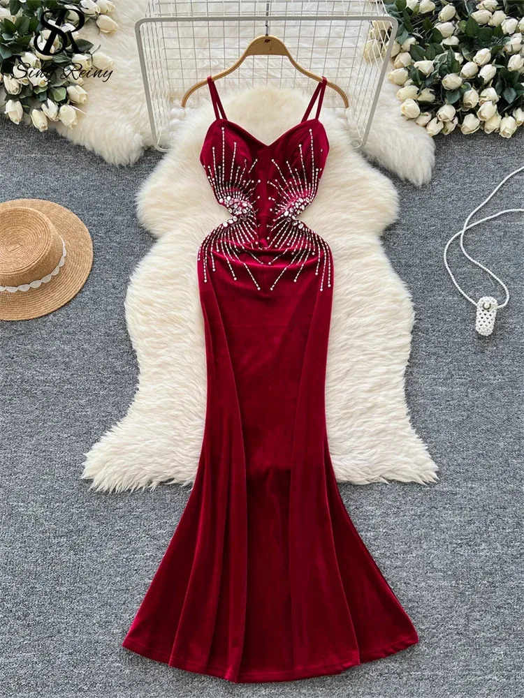 Singrain Premium Evening Gown - Strapless Diamond, Elegant and Fashionable Velvet Velvet maxi dress with spaghetti Strap and Long Skirt for Women (
