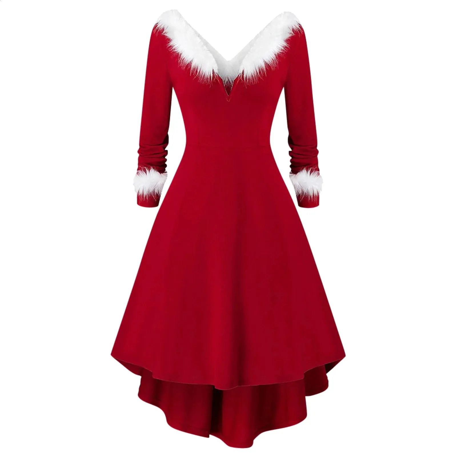 navy blue dress for baby girl Womens Dresses for Christmas Party,Womens Velvet Fur Collar Christmas Dress  V-Neck Long Sleeve Soft Warm Fashion Party Holiday Casual Everyday Outfit main image 1