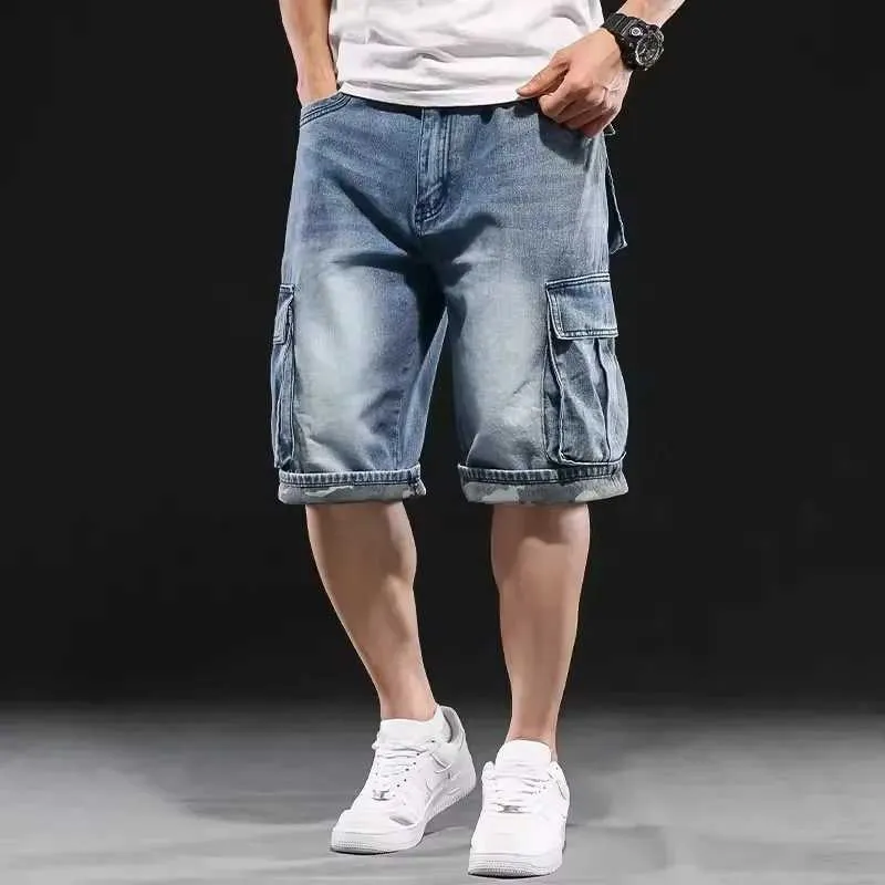Mens Cargo Denim Shorts Multi Pocket Wide Leg Loose Fit Jeans