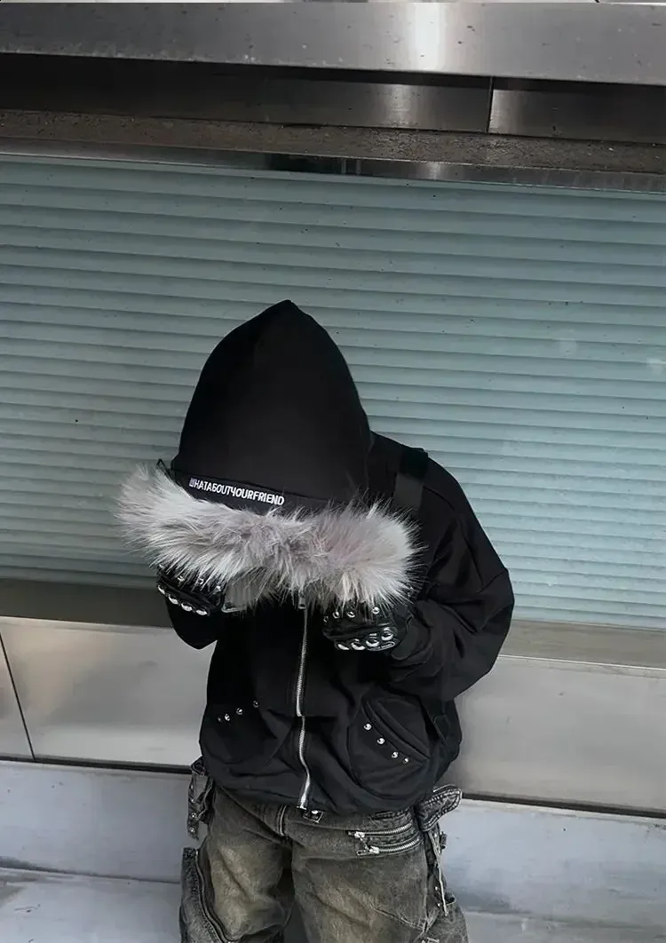 Street Fur Collar Hoodie Jacket Black Zipper... From Pang02 