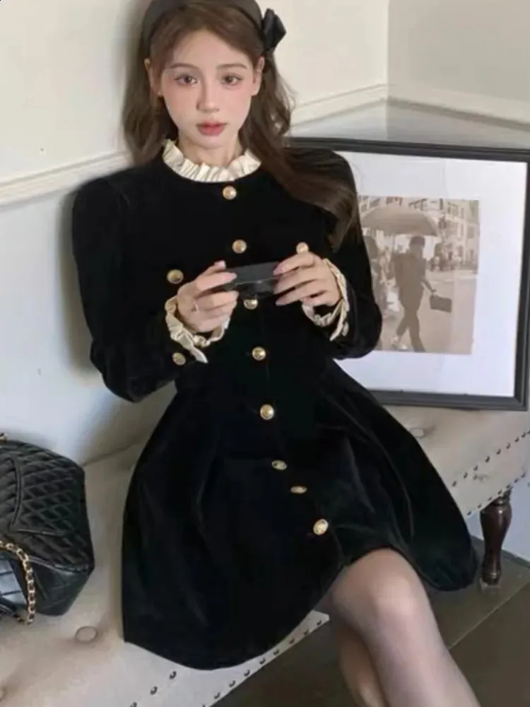 green emerald velvet dress Black Velvet and Wool Dress with Gold Heart Buttons – Vintage Couture main image 1