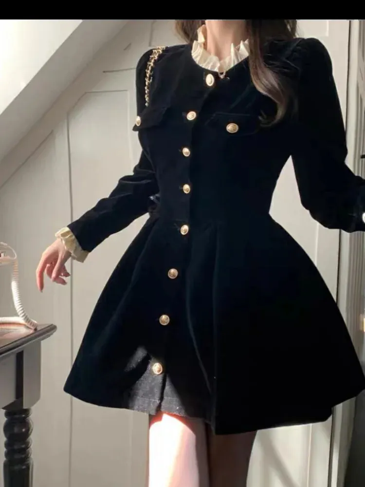 Korean Fashion A-line formal sweater dress with Single Chest Detail and Long Sleeves for Women - Autumn Black Velvet Vestido Mujer Style 241206 Korean Fashion A-line formal sweater dress with Single Chest Detail and Long Sleeves for Women - Autumn Black Velvet Vestido Mujer Style 241206