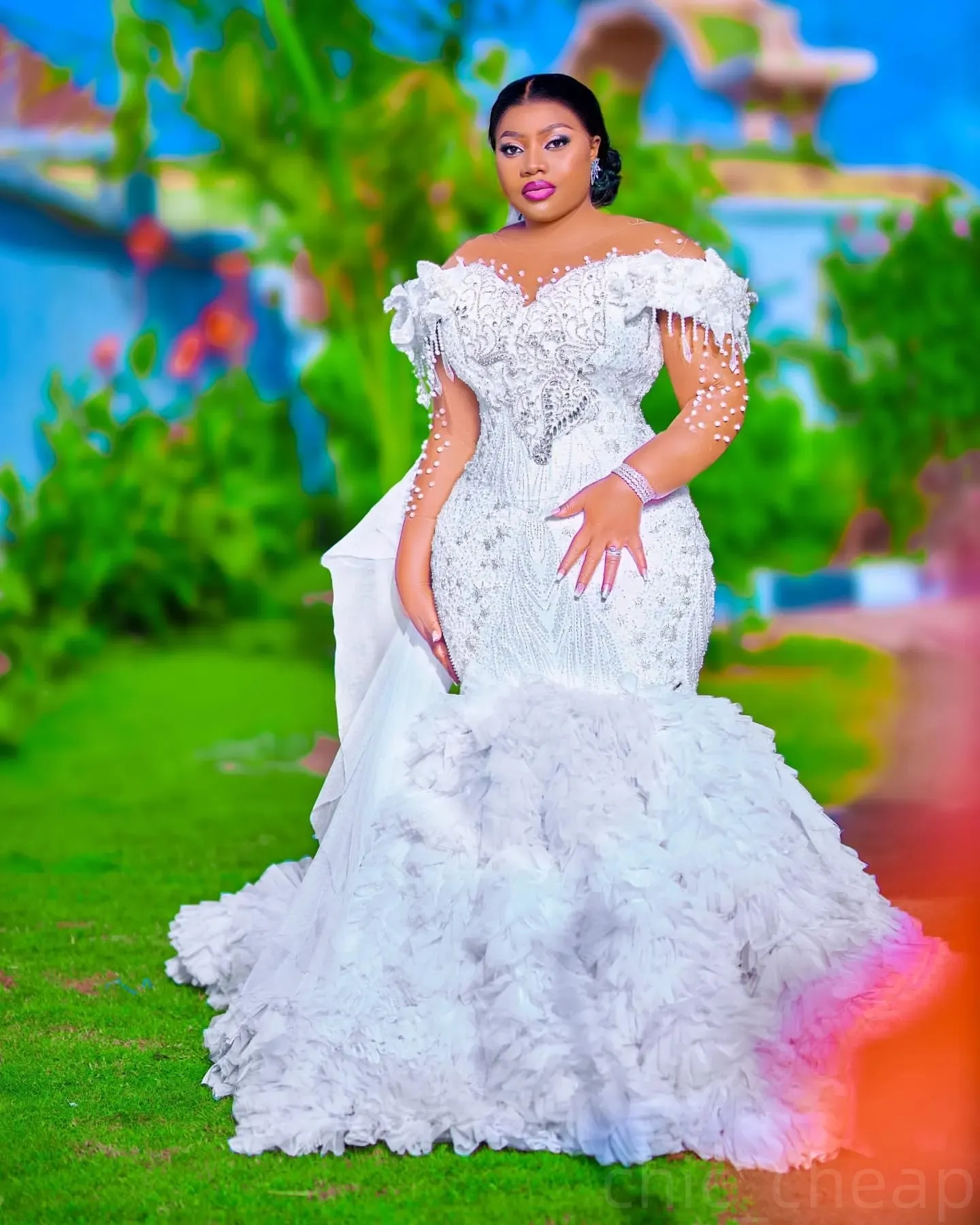 Plus Size Off White Mermaid Wedding Dresses Pearls Beaded Lace Full Sleeves  | eBay