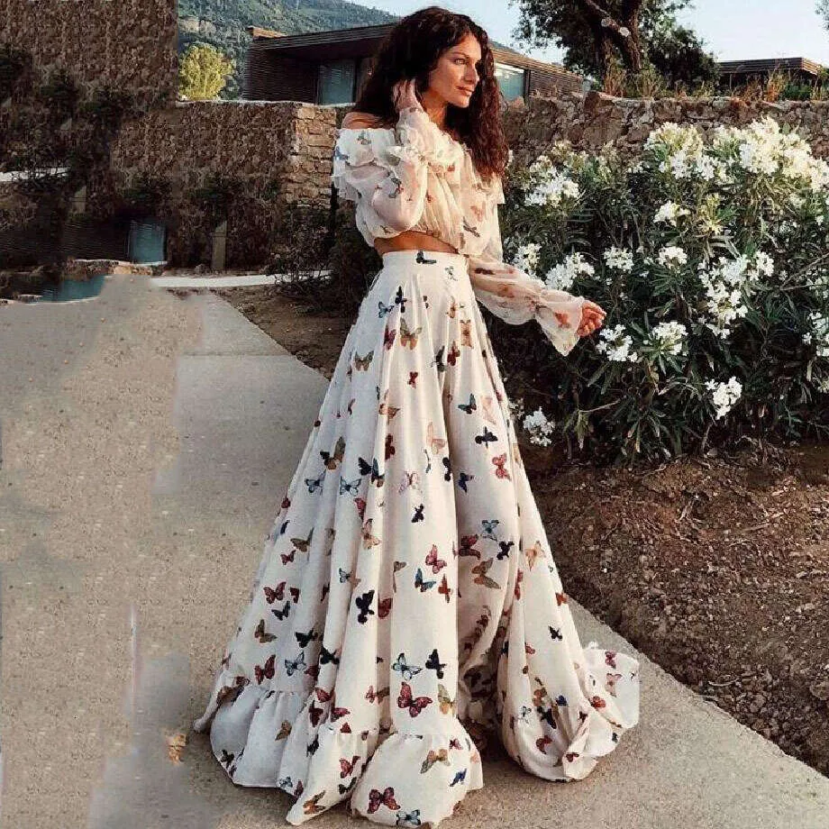 Bohemian Butterfly Print floral Beach maxi dress Set - 24th Anniversary Edition with Large Skirt and Long Skirts
