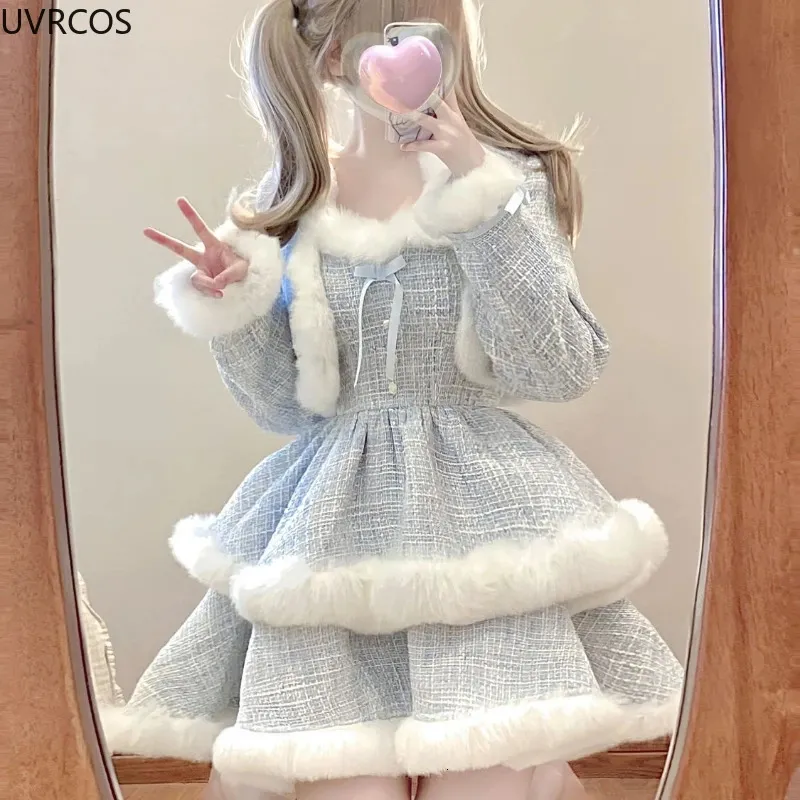 Korean Style Coarse Woolen Plain Dress Set for Women