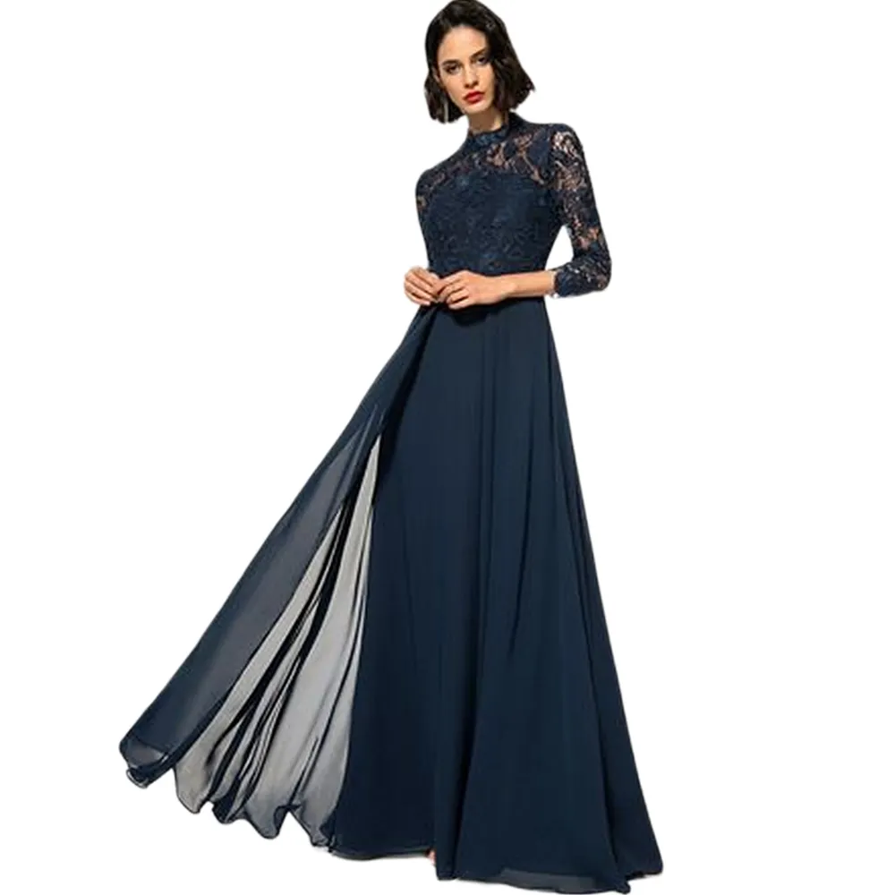 2025 Elegant Dark Navy Chiffon A-Line High Neck occasion dress with Lace Detailing, High Neck and Long Sleeves - Perfect for Prom, Formal Parties and 2025 Elegant Dark Navy Chiffon A-Line High Neck occasion dress with Lace Detailing, High Neck and Long Sleeves - Perfect for Prom, Formal Parties and