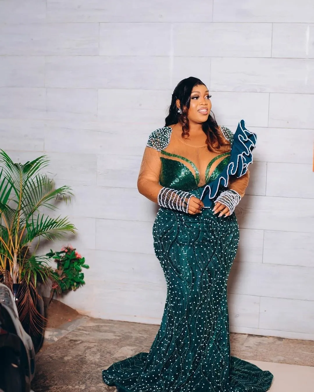 green emerald velvet dress Emerald Green Layered Lace Prom Dress main image 1