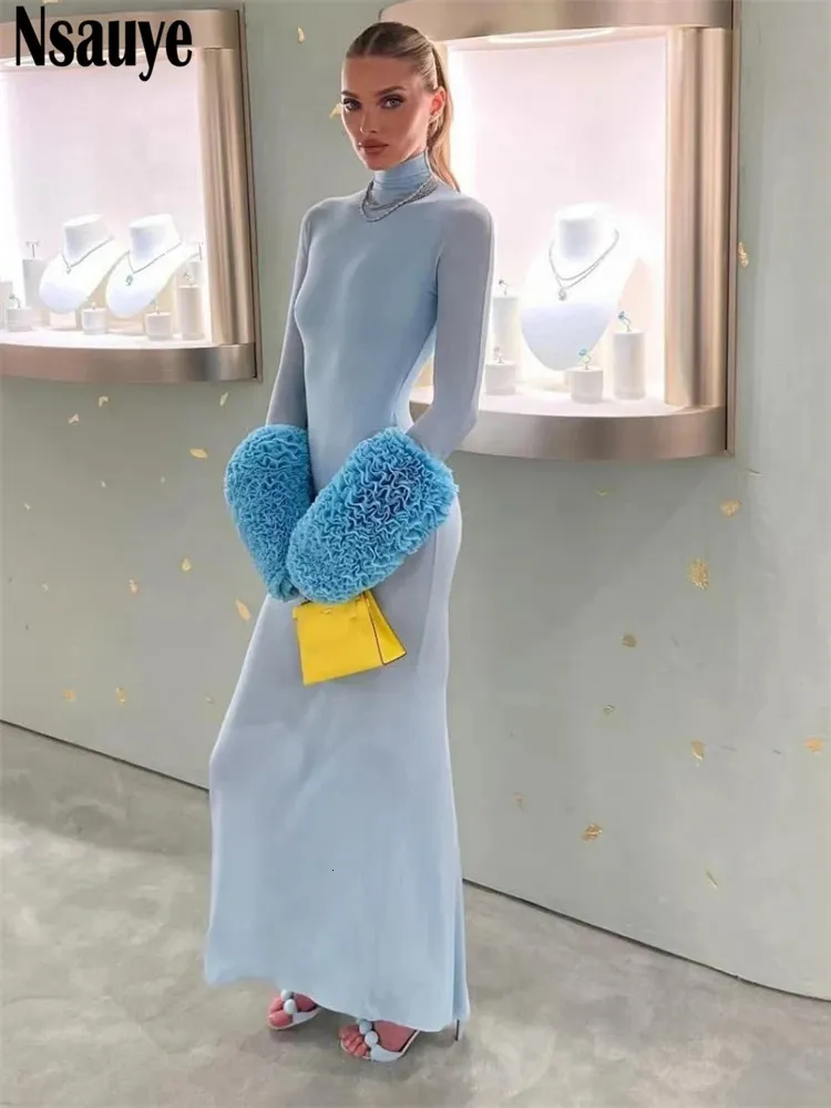 Nonsauye Turtle Neck Long Sleeve Pullover Light Blue Dress for Women - Elegant Party & Evening Wear for Autumn (Style 241205) Nonsauye Turtle Neck Long Sleeve Pullover Light Blue Dress for Women - Elegant Party & Evening Wear for Autumn (Style 241205)