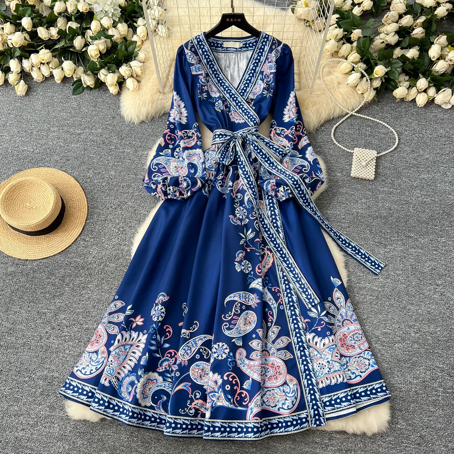 Floral Draped Bodycon Dress for Women - Square Collar, Long Sleeves, High Waist, Pleated - Perfect for Spring and Autumn Parties, Casual and Formal -