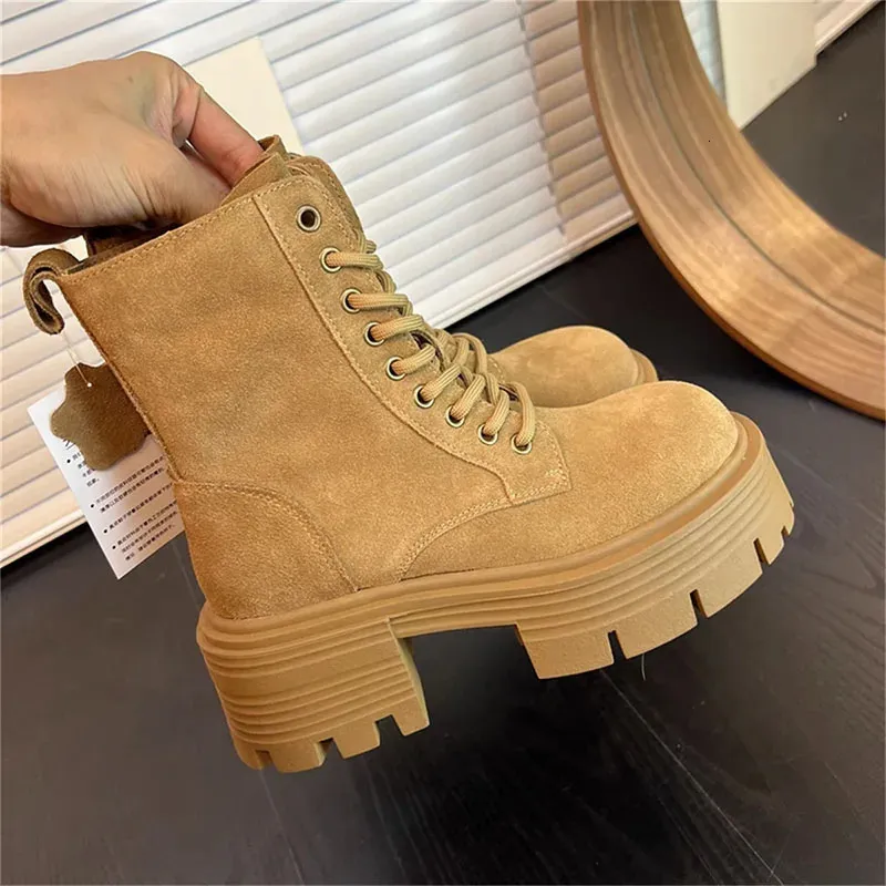 Women's Winter Motorcycle Boots Platform Lace Up Square Heel Shoes_voghion.com