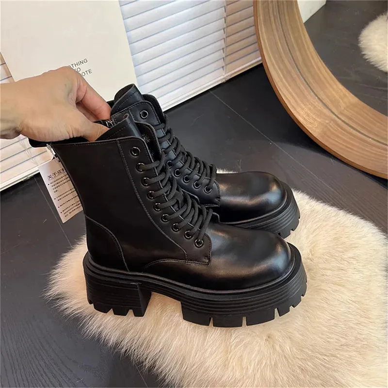 Women's Winter Motorcycle Boots Platform Lace Up Square Heel Shoes_voghion.com
