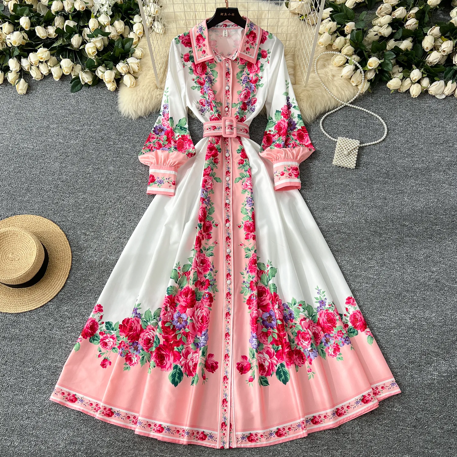 Floral Print Satin Casual Dress for Women with Lapel Neck, Long Lantern  Sleeves, Pleated A-Line Ankle-Length Design