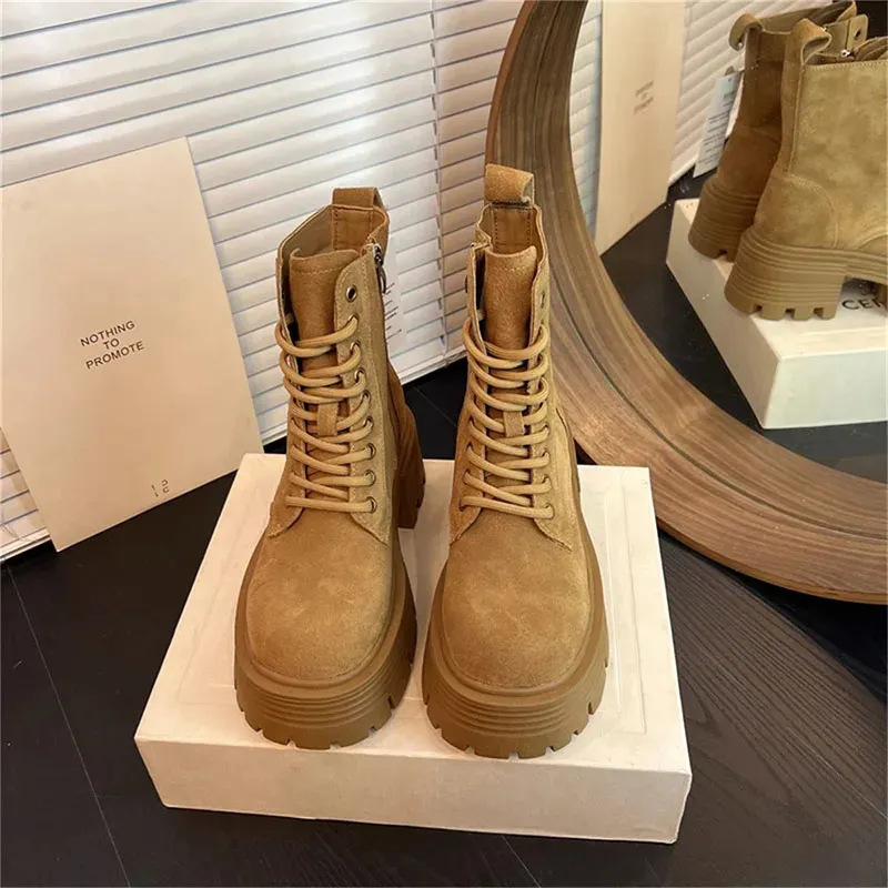 Women's Winter Motorcycle Boots Platform Lace Up Square Heel Shoes_voghion.com