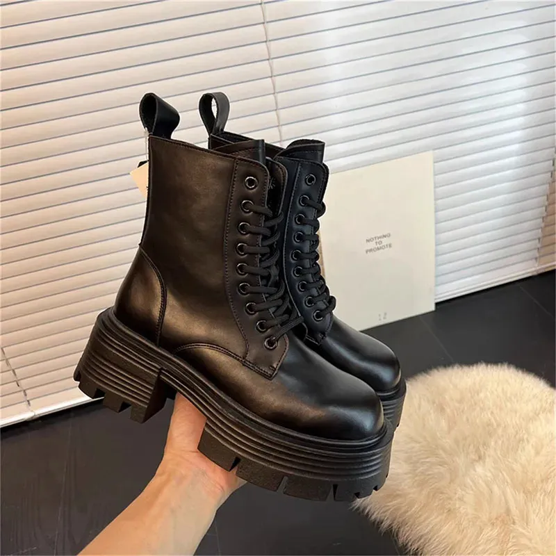 Women's Winter Motorcycle Boots Platform Lace Up Square Heel Shoes_voghion.com